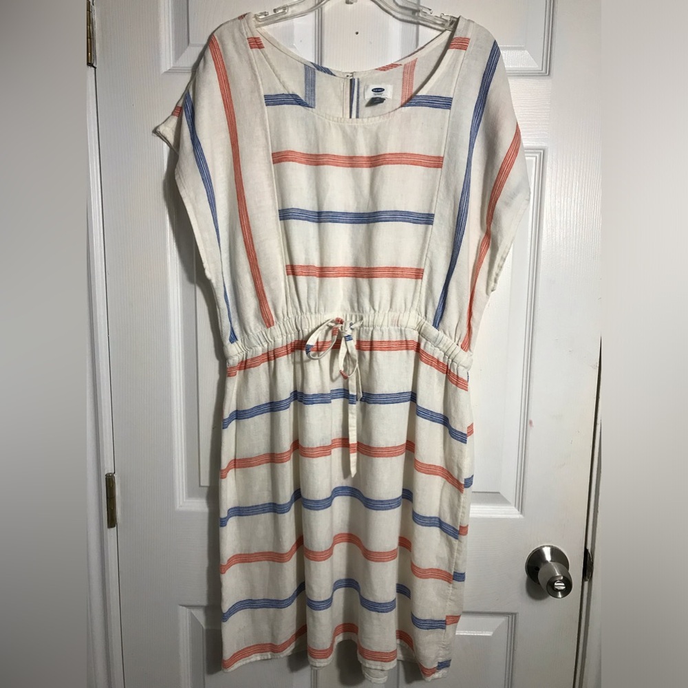 Old Navy Striped Drawstring Waist Tunic Dress - Cream Blue/Rush Stripes XL